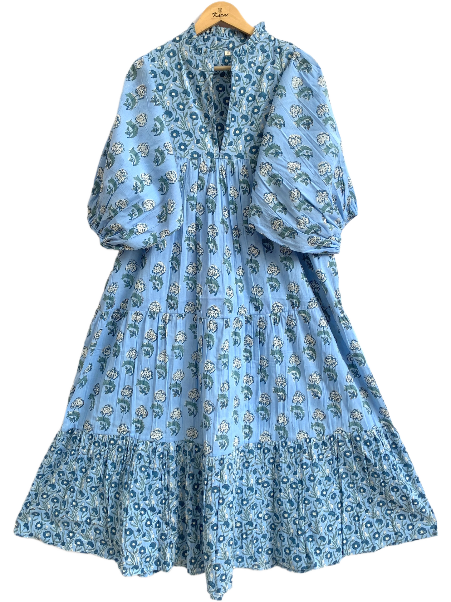 Sky Blue Floral Hand Block Printed Cotton Maxi Dress – Indian Boho Tiered Long Dress