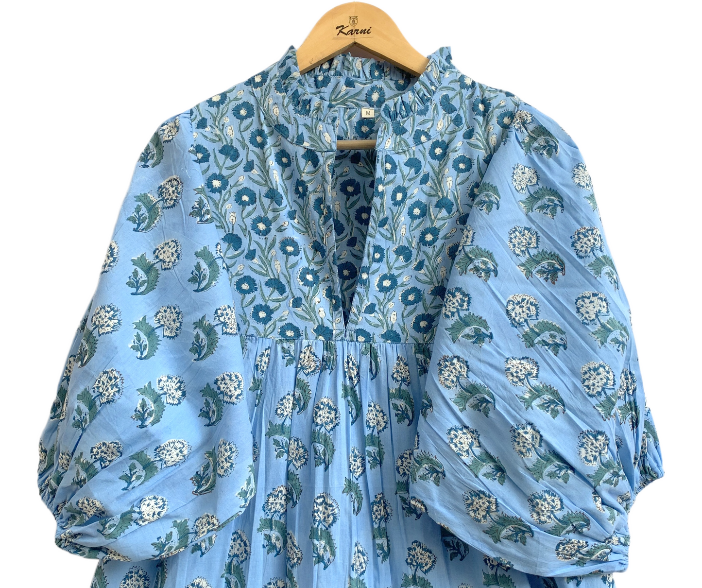 Sky Blue Floral Hand Block Printed Cotton Maxi Dress – Indian Boho Tiered Long Dress