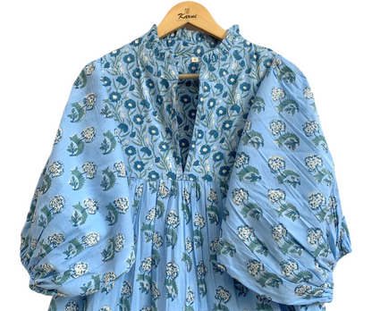 Sky Blue Floral Hand Block Printed Cotton Maxi Dress – Indian Boho Tiered Long Dress