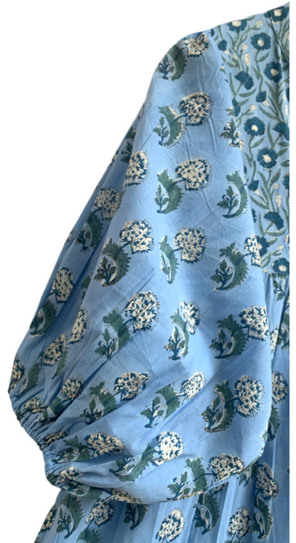 Sky Blue Floral Hand Block Printed Cotton Maxi Dress – Indian Boho Tiered Long Dress