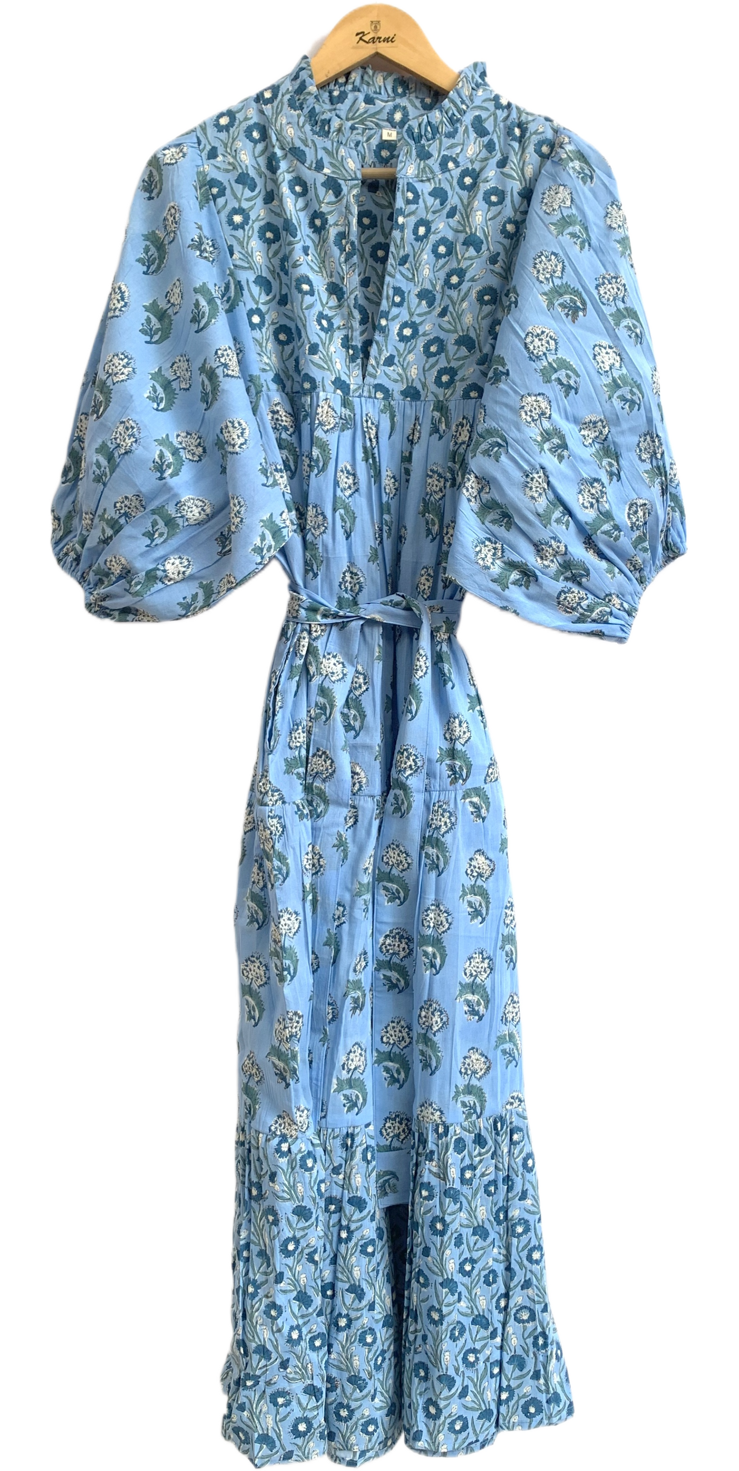 Sky Blue Floral Hand Block Printed Cotton Maxi Dress – Indian Boho Tiered Long Dress