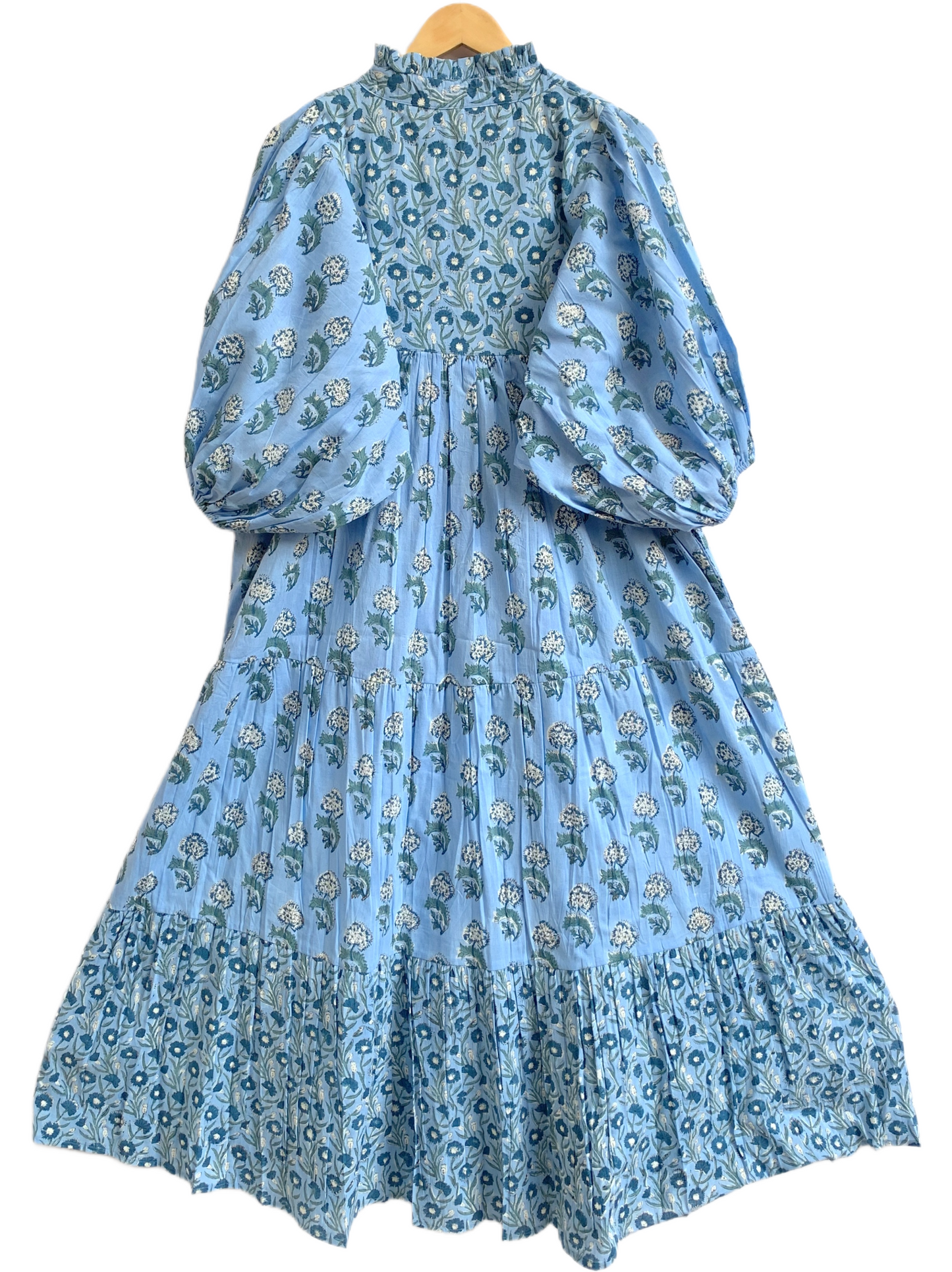 Sky Blue Floral Hand Block Printed Cotton Maxi Dress – Indian Boho Tiered Long Dress