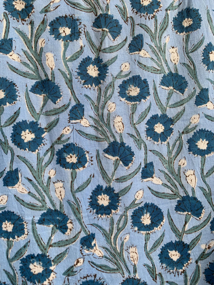 Sky Blue Floral Hand Block Printed Cotton Maxi Dress – Indian Boho Tiered Long Dress