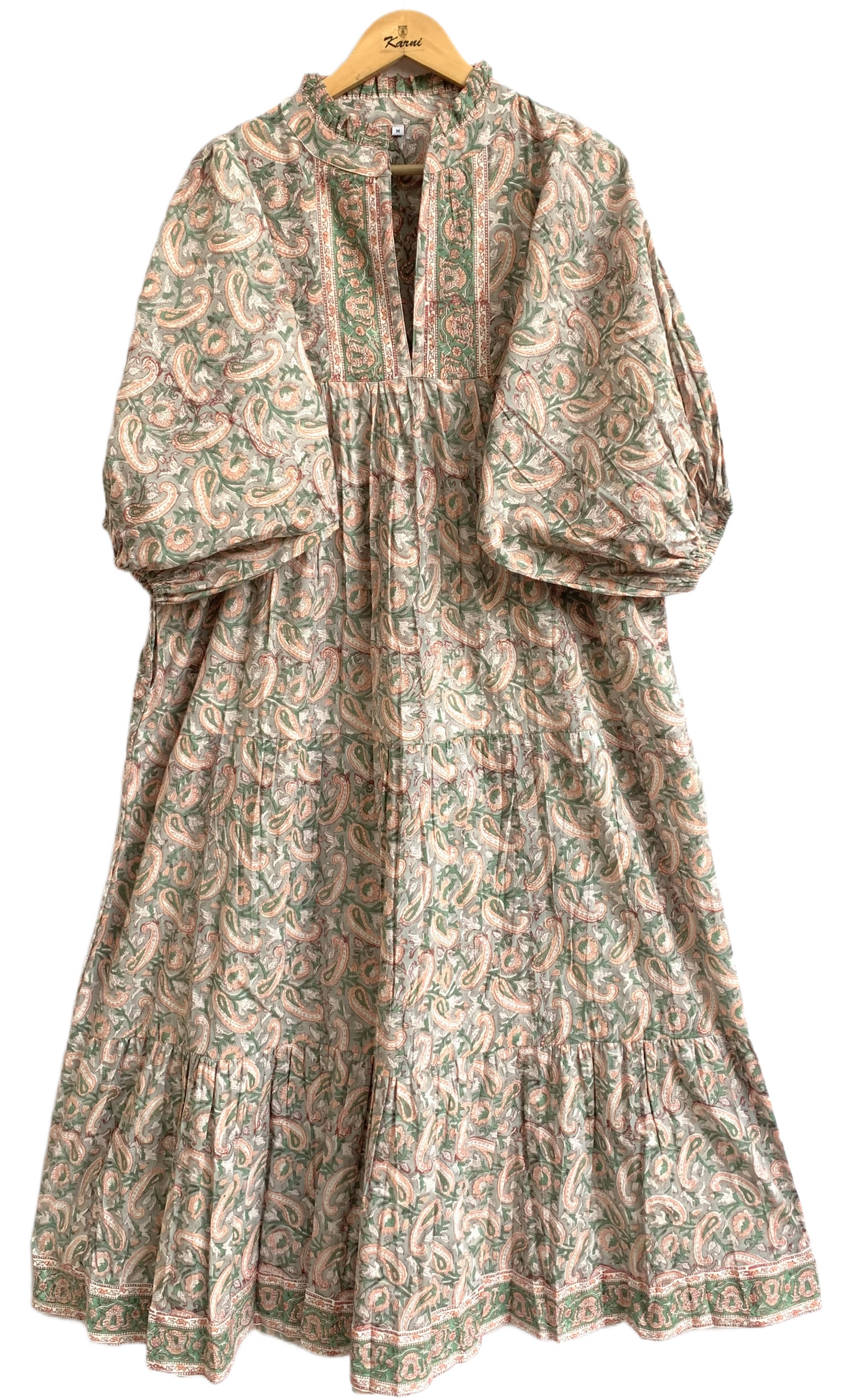 Sage Green Paisley Hand Block Printed Cotton Maxi Dress – Indian Boho Tiered Long Dress