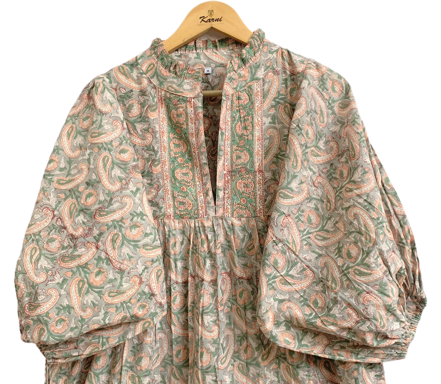 Sage Green Paisley Hand Block Printed Cotton Maxi Dress – Indian Boho Tiered Long Dress