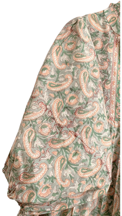 Sage Green Paisley Hand Block Printed Cotton Maxi Dress – Indian Boho Tiered Long Dress