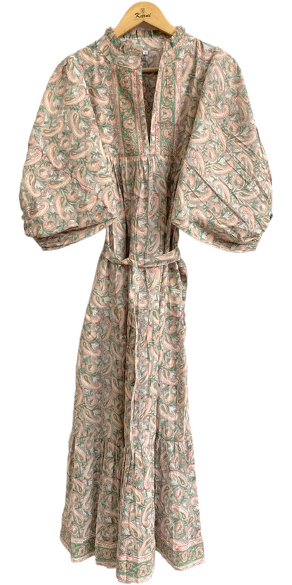 Sage Green Paisley Hand Block Printed Cotton Maxi Dress – Indian Boho Tiered Long Dress