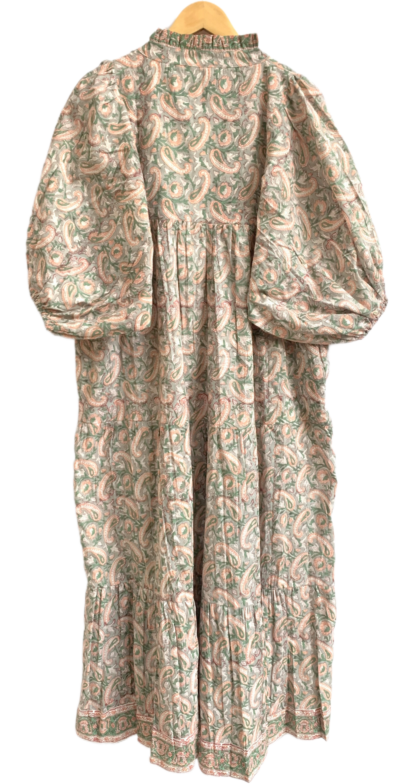 Sage Green Paisley Hand Block Printed Cotton Maxi Dress – Indian Boho Tiered Long Dress