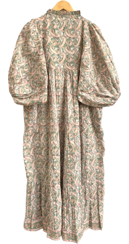 Sage Green Paisley Hand Block Printed Cotton Maxi Dress – Indian Boho Tiered Long Dress