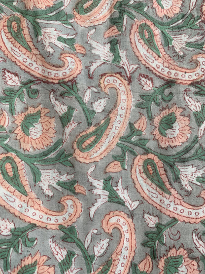 Sage Green Paisley Hand Block Printed Cotton Maxi Dress – Indian Boho Tiered Long Dress