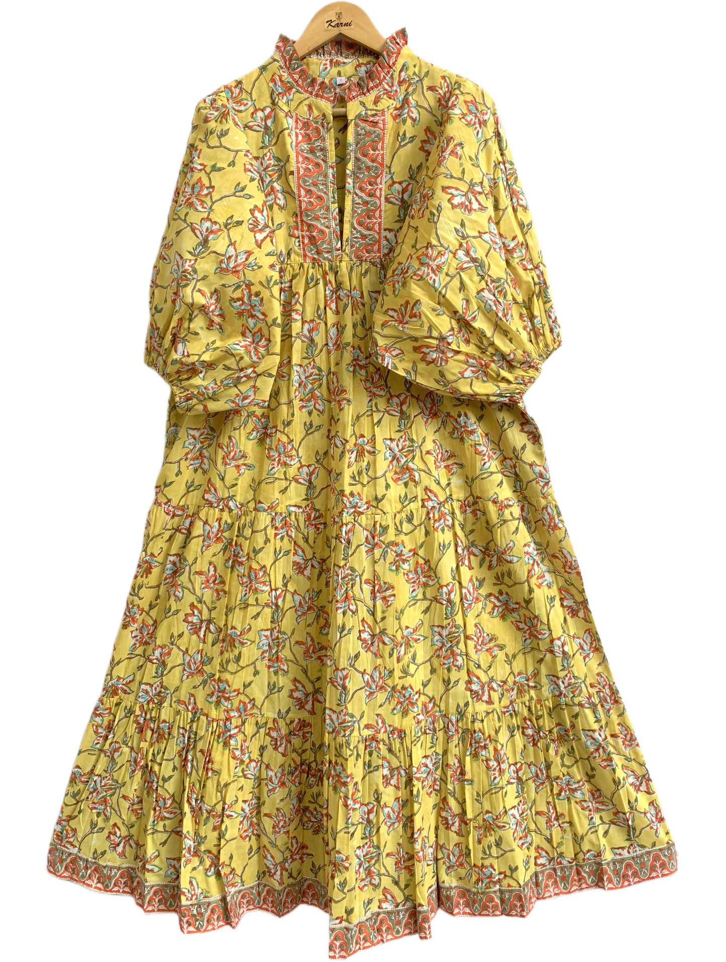 Yellow Floral Hand Block Printed Cotton Maxi Dress – Indian Boho Tiered Long Dress