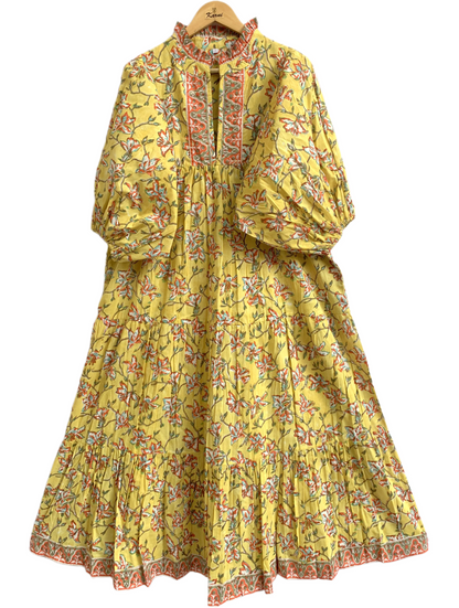 Yellow Floral Hand Block Printed Cotton Maxi Dress – Indian Boho Tiered Long Dress