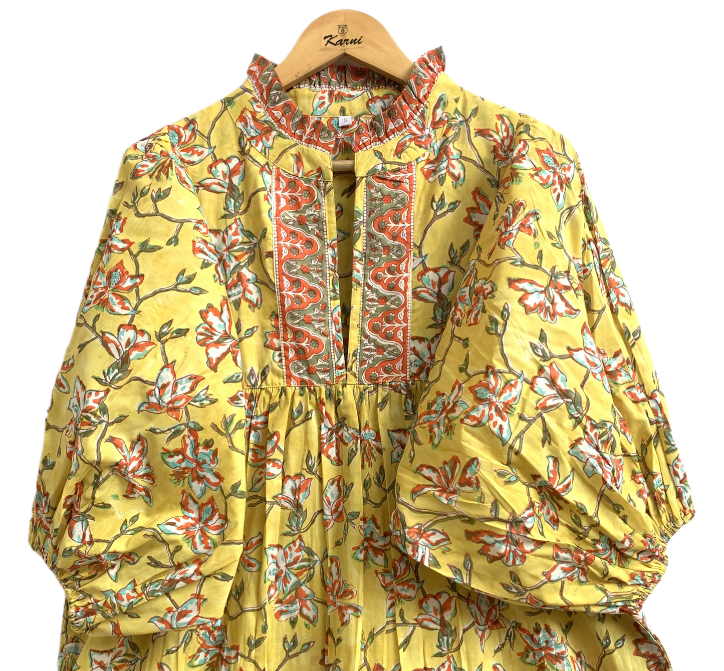 Yellow Floral Hand Block Printed Cotton Maxi Dress – Indian Boho Tiered Long Dress