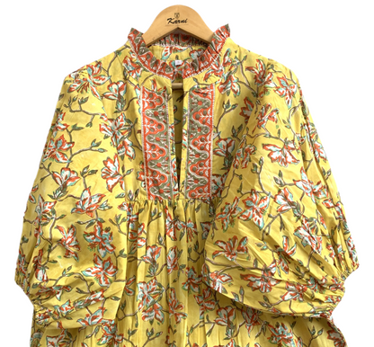 Yellow Floral Hand Block Printed Cotton Maxi Dress – Indian Boho Tiered Long Dress