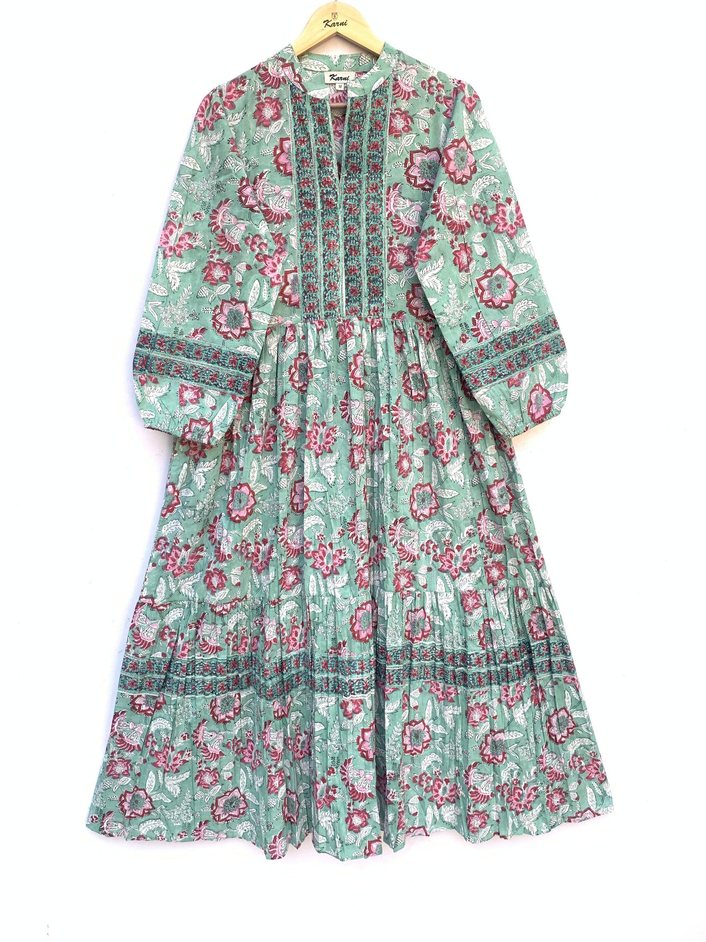 Sage Green Pink Floral Hand Block Printed Cotton Maxi Dress – Boho Tiered Long Sleeve Indian Dress