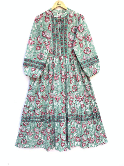 Sage Green Pink Floral Hand Block Printed Cotton Maxi Dress – Boho Tiered Long Sleeve Indian Dress