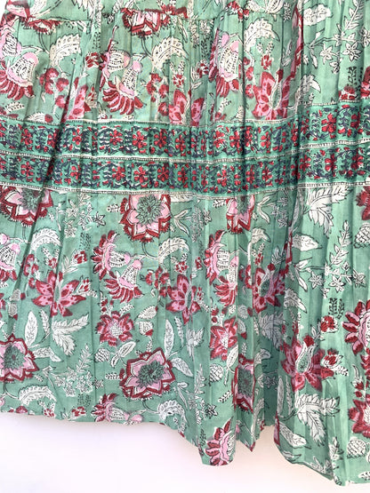 Sage Green Pink Floral Hand Block Printed Cotton Maxi Dress – Boho Tiered Long Sleeve Indian Dress