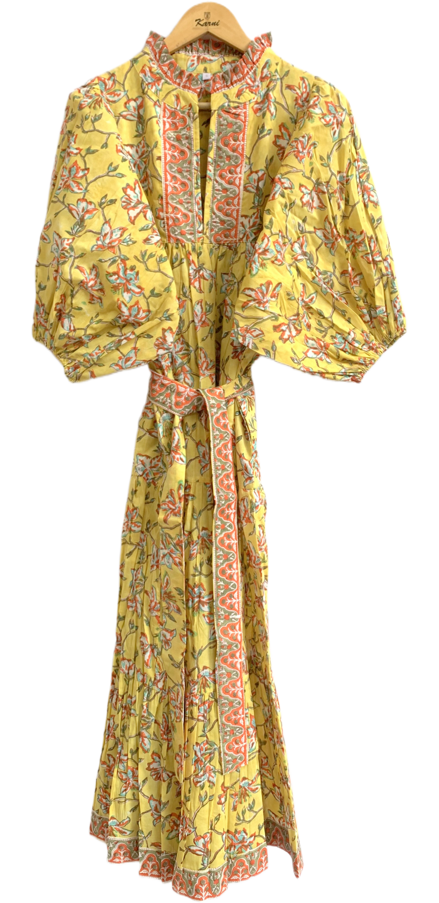 Yellow Floral Hand Block Printed Cotton Maxi Dress – Indian Boho Tiered Long Dress