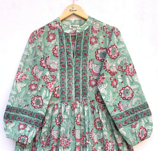 Sage Green Pink Floral Hand Block Printed Cotton Maxi Dress – Boho Tiered Long Sleeve Indian Dress