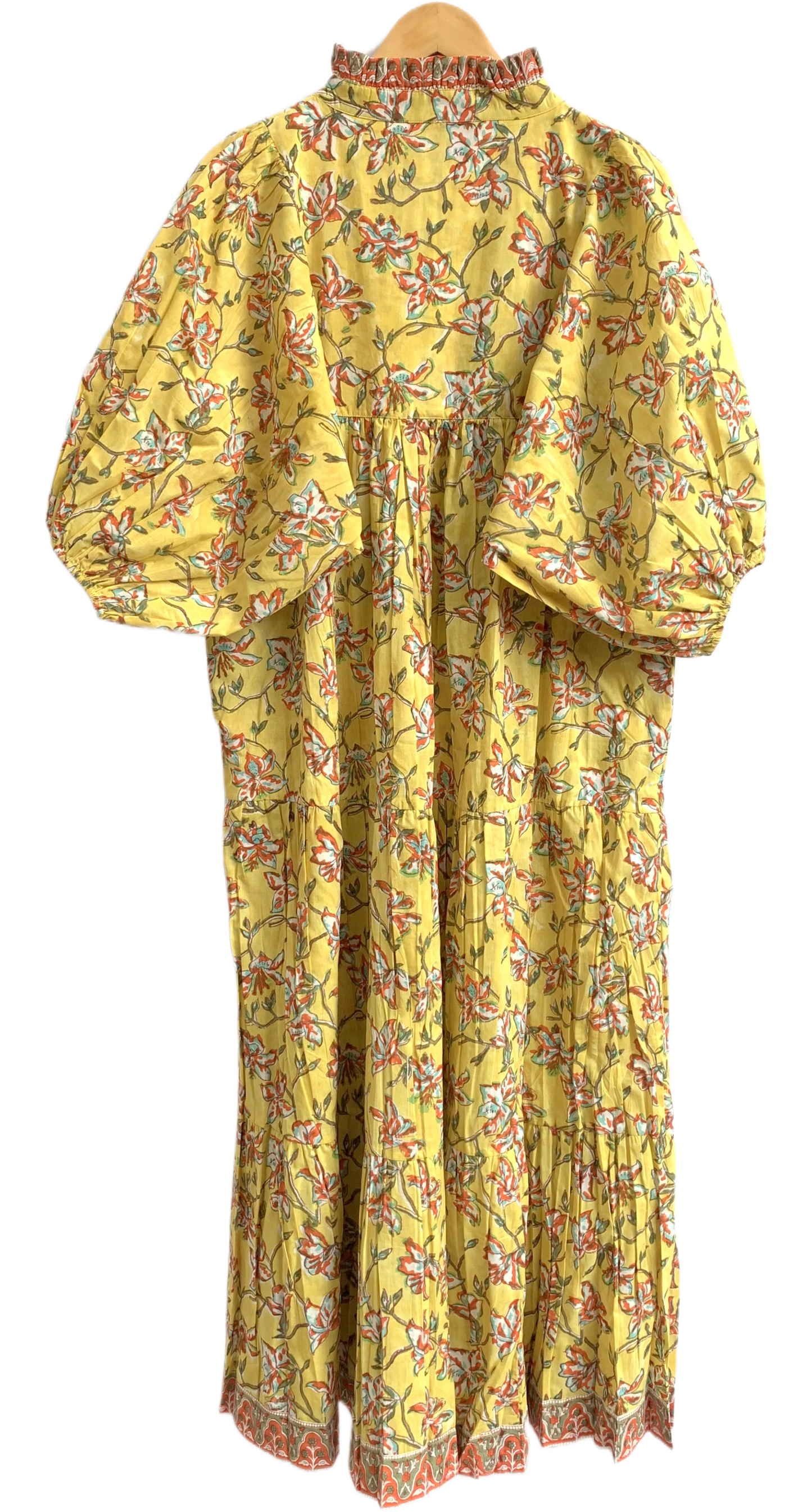 Yellow Floral Hand Block Printed Cotton Maxi Dress – Indian Boho Tiered Long Dress