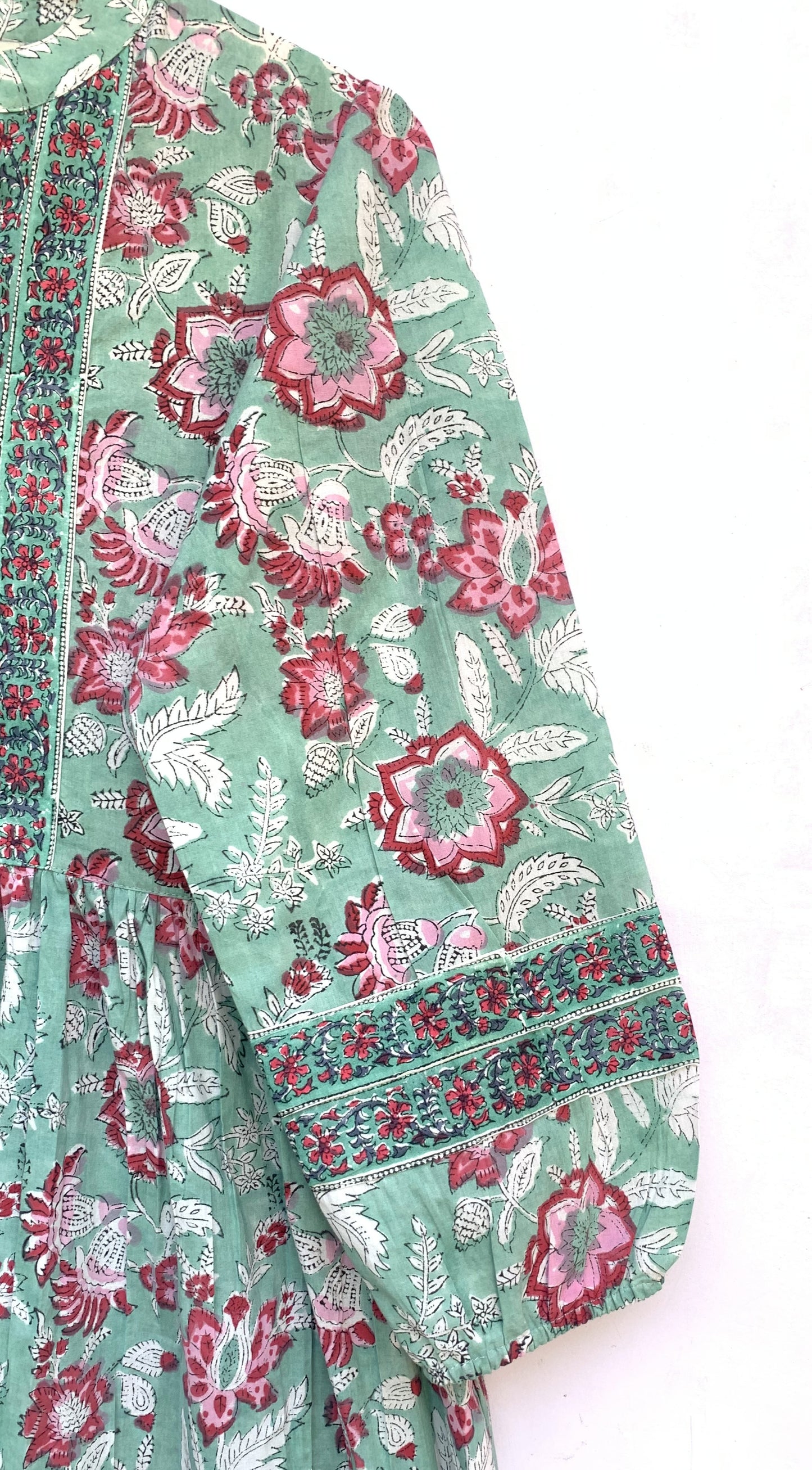 Sage Green Pink Floral Hand Block Printed Cotton Maxi Dress – Boho Tiered Long Sleeve Indian Dress