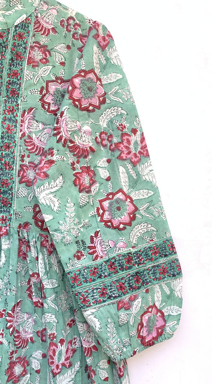 Sage Green Pink Floral Hand Block Printed Cotton Maxi Dress – Boho Tiered Long Sleeve Indian Dress