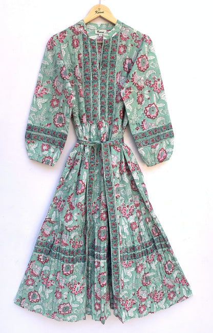 Sage Green Pink Floral Hand Block Printed Cotton Maxi Dress – Boho Tiered Long Sleeve Indian Dress