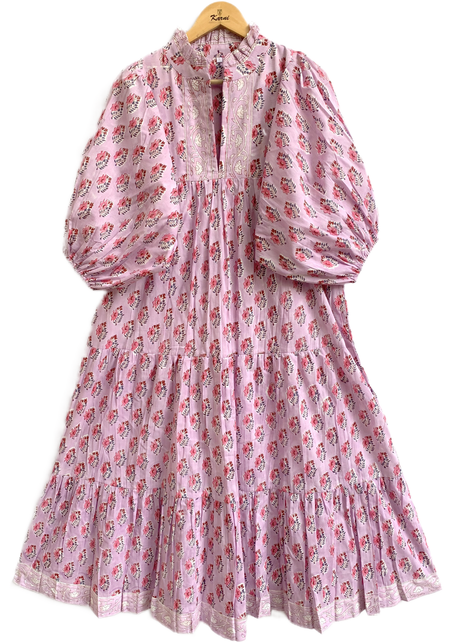 Pink Floral Hand Block Printed Cotton Maxi Dress – Indian Boho Tiered Long Dress