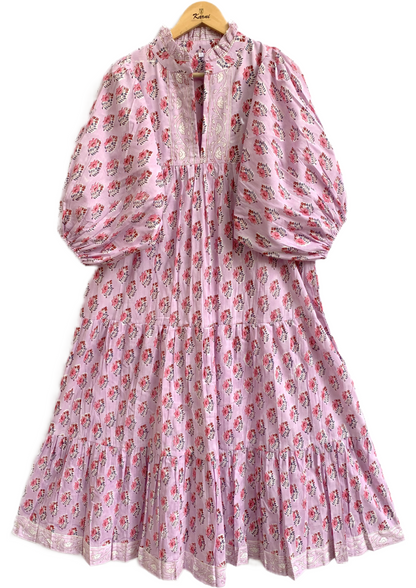 Pink Floral Hand Block Printed Cotton Maxi Dress – Indian Boho Tiered Long Dress