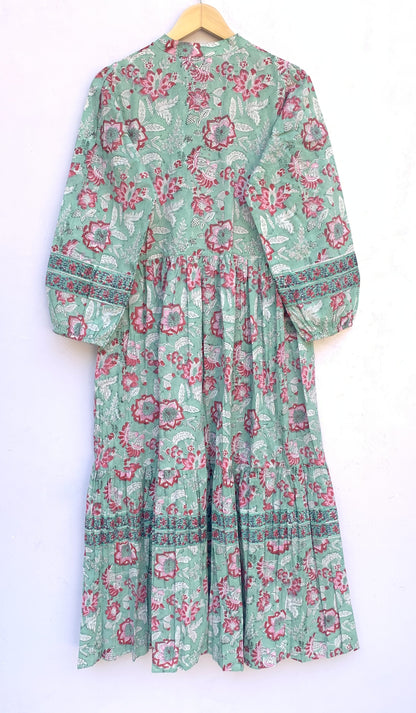Sage Green Pink Floral Hand Block Printed Cotton Maxi Dress – Boho Tiered Long Sleeve Indian Dress