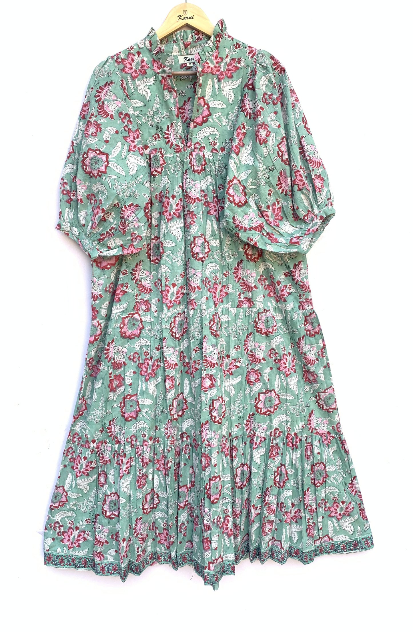 Sage Green Pink Floral Hand Block Printed Cotton Midi Dress – Boho Tiered Long Sleeve Indian Dress
