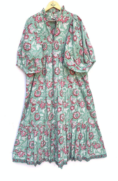 Sage Green Pink Floral Hand Block Printed Cotton Midi Dress – Boho Tiered Long Sleeve Indian Dress
