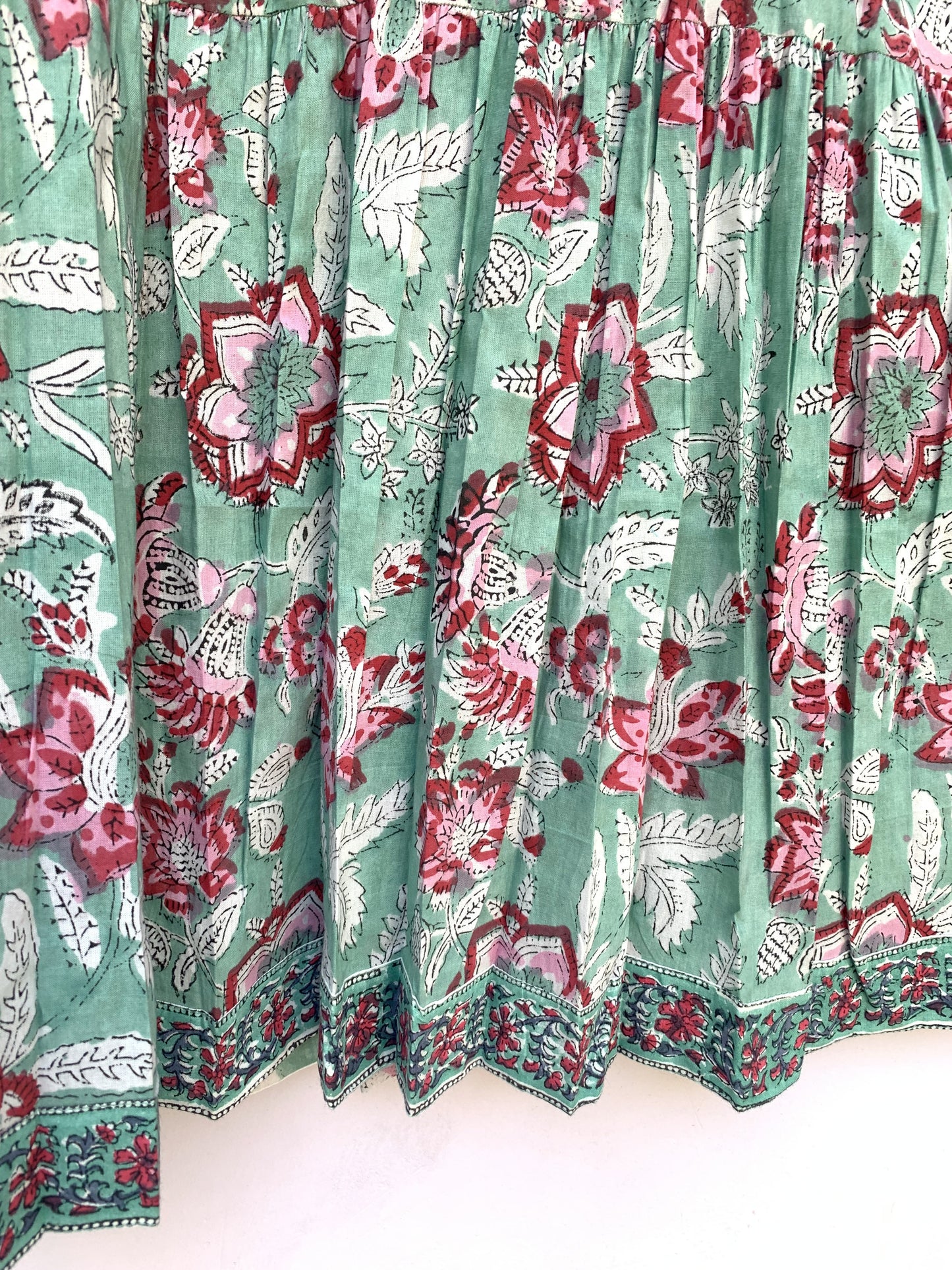 Sage Green Pink Floral Hand Block Printed Cotton Midi Dress – Boho Tiered Long Sleeve Indian Dress