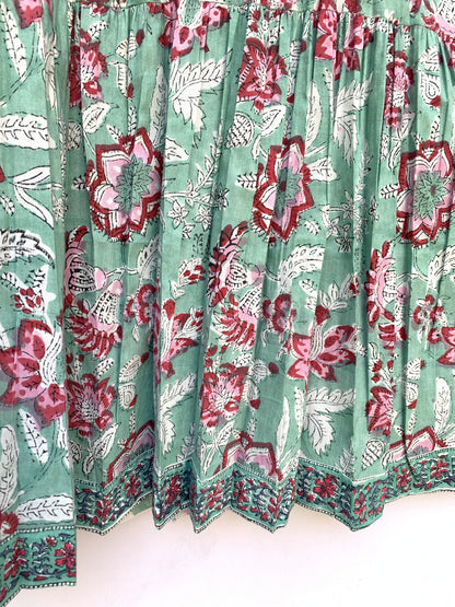 Sage Green Pink Floral Hand Block Printed Cotton Midi Dress – Boho Tiered Long Sleeve Indian Dress