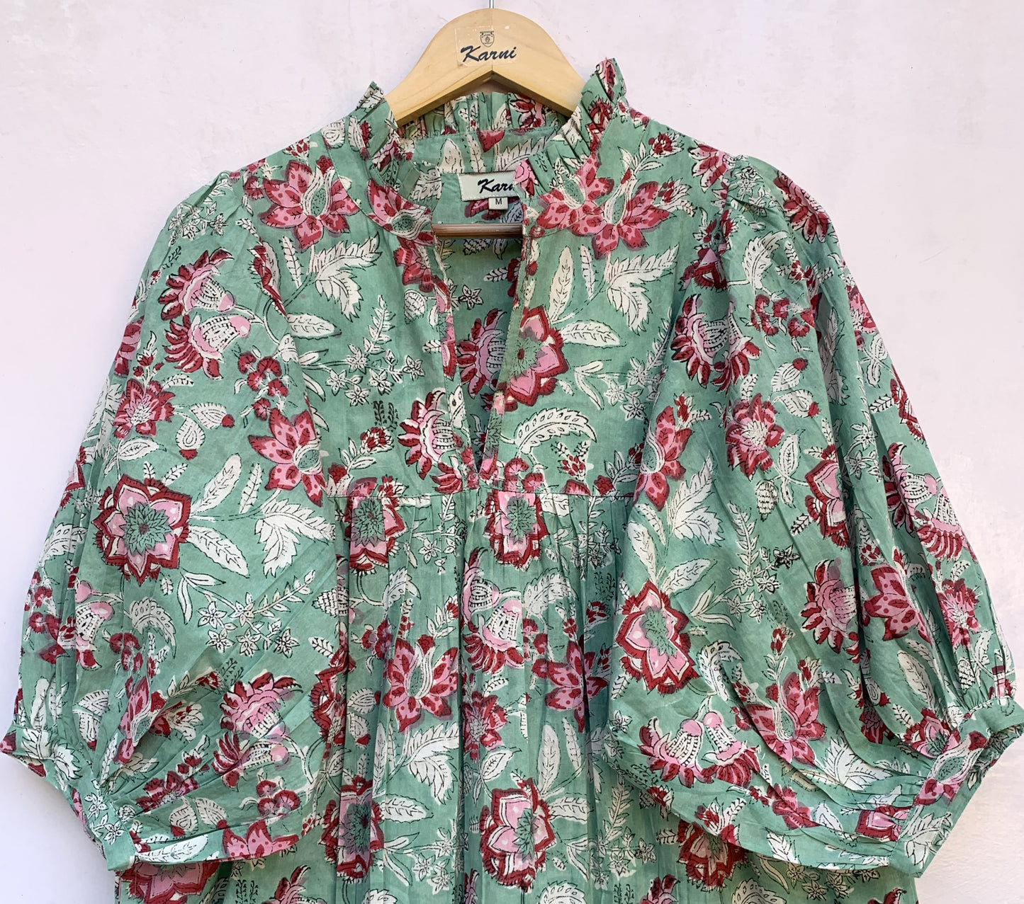 Sage Green Pink Floral Hand Block Printed Cotton Midi Dress – Boho Tiered Long Sleeve Indian Dress