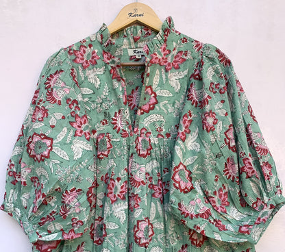 Sage Green Pink Floral Hand Block Printed Cotton Midi Dress – Boho Tiered Long Sleeve Indian Dress