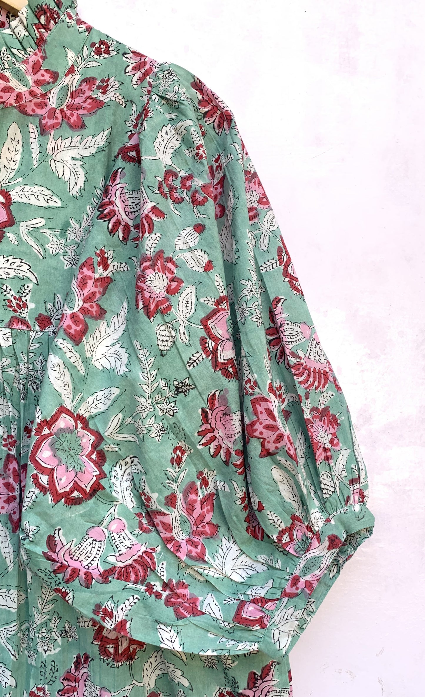 Sage Green Pink Floral Hand Block Printed Cotton Midi Dress – Boho Tiered Long Sleeve Indian Dress
