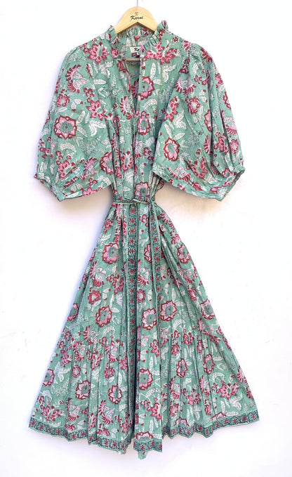 Sage Green Pink Floral Hand Block Printed Cotton Midi Dress – Boho Tiered Long Sleeve Indian Dress