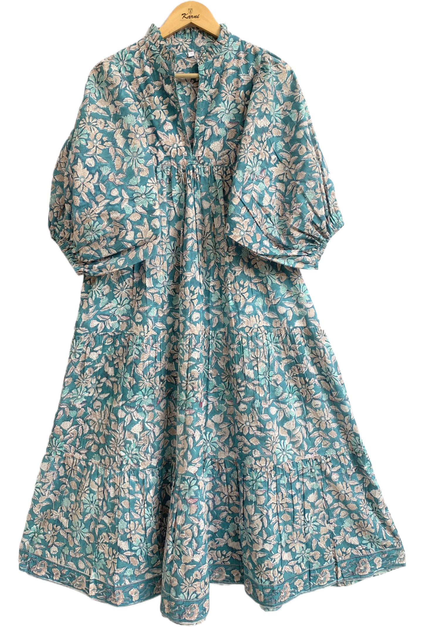 Teal Floral Hand Block Printed Cotton Maxi Dress – Indian Boho Tiered Long Dress