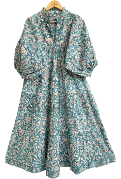 Teal Floral Hand Block Printed Cotton Maxi Dress – Indian Boho Tiered Long Dress