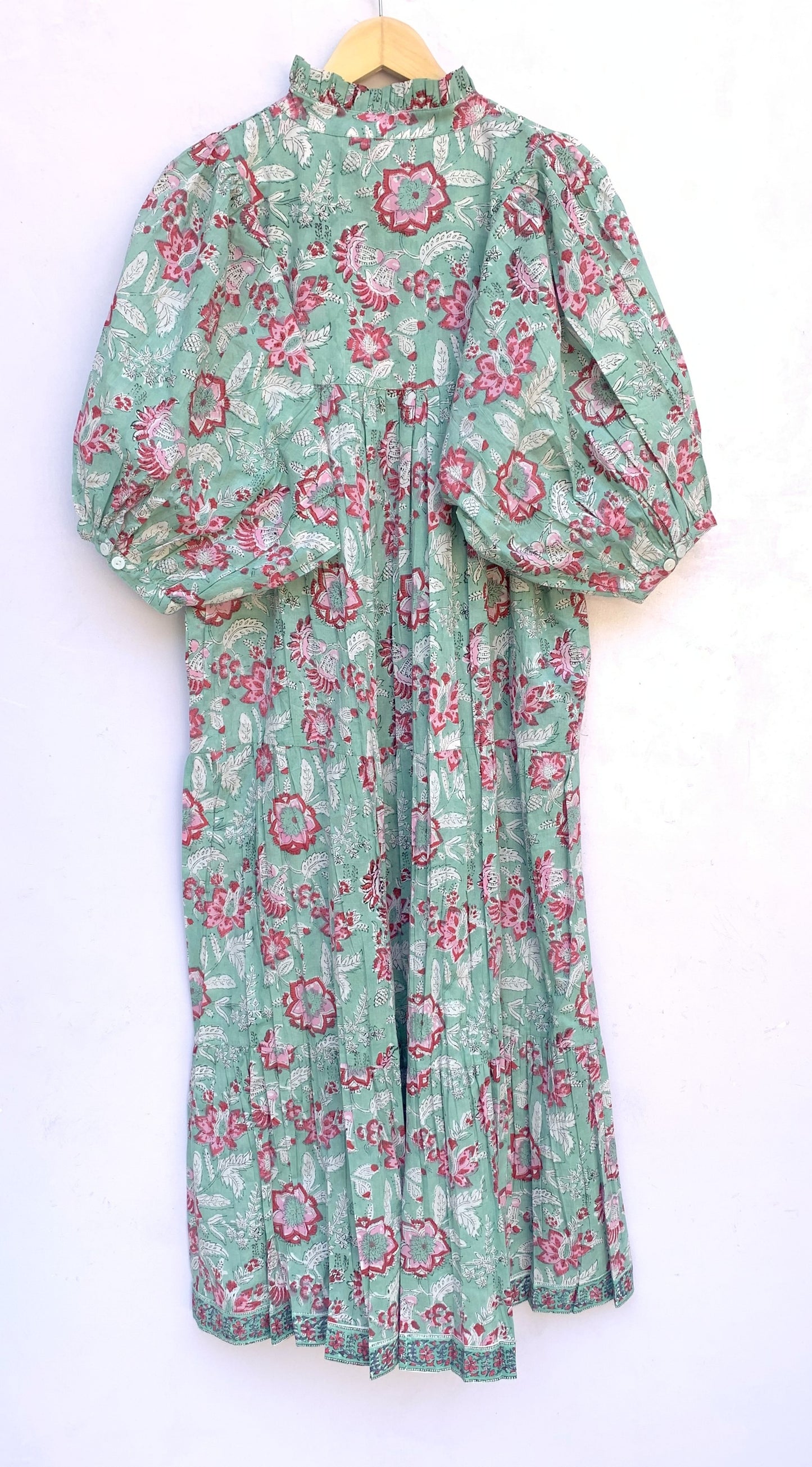Sage Green Pink Floral Hand Block Printed Cotton Midi Dress – Boho Tiered Long Sleeve Indian Dress