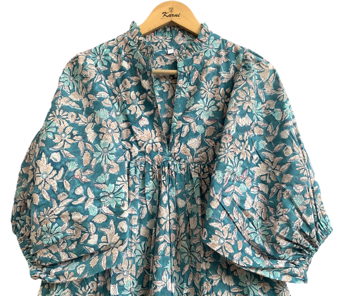 Teal Floral Hand Block Printed Cotton Maxi Dress – Indian Boho Tiered Long Dress