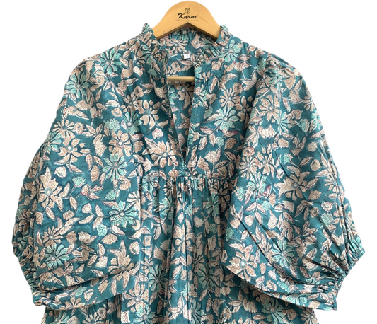 Teal Floral Hand Block Printed Cotton Maxi Dress – Indian Boho Tiered Long Dress