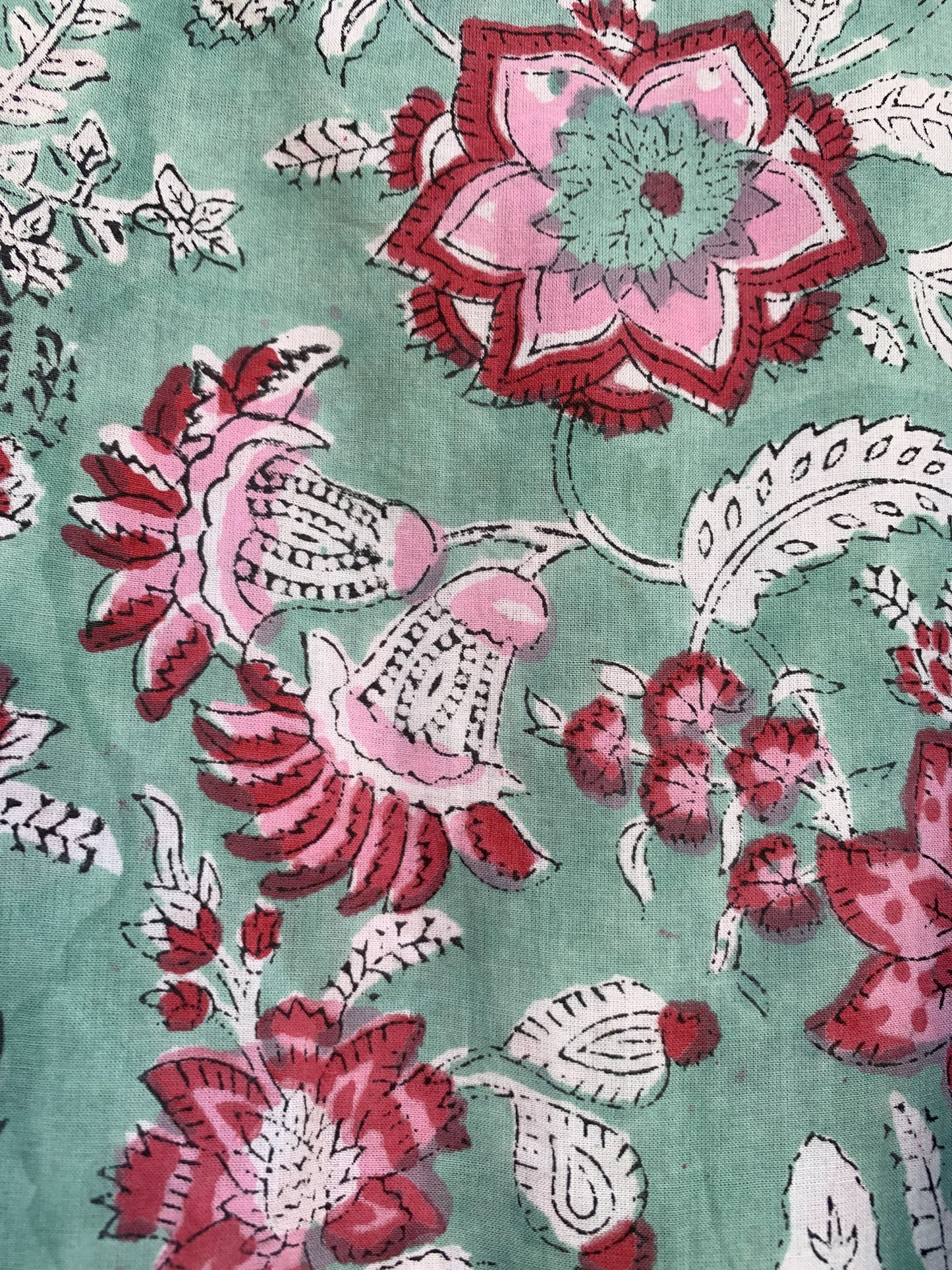 Sage Green Pink Floral Hand Block Printed Cotton Midi Dress – Boho Tiered Long Sleeve Indian Dress