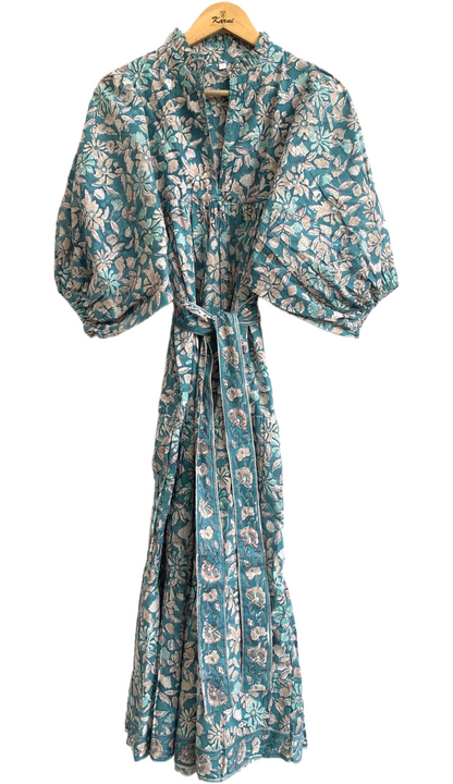 Teal Floral Hand Block Printed Cotton Maxi Dress – Indian Boho Tiered Long Dress