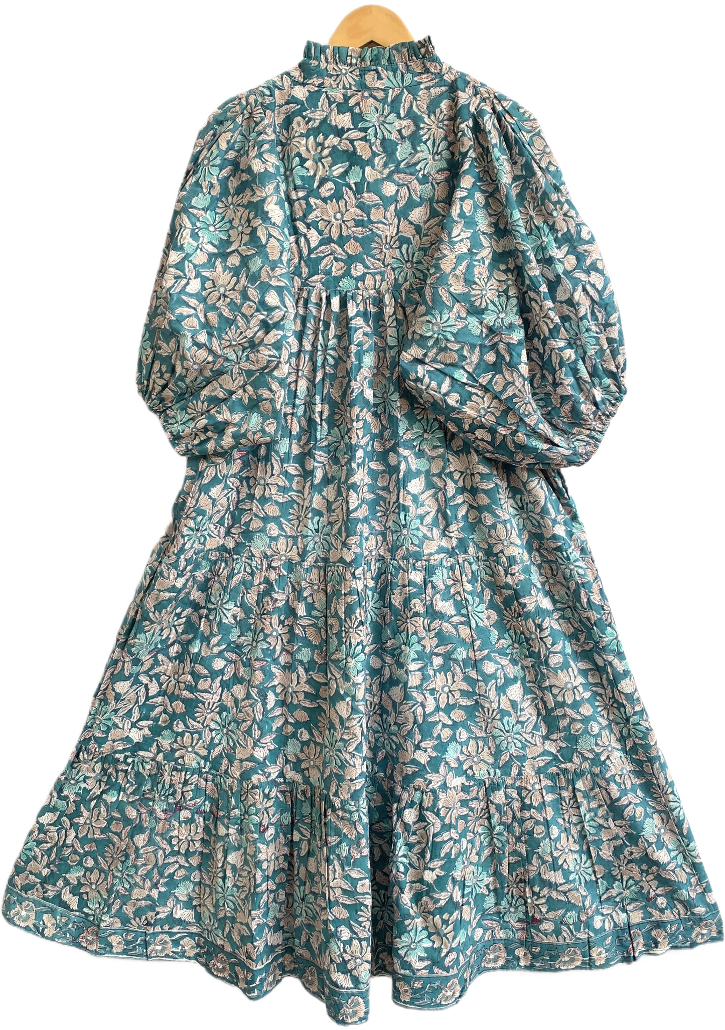 Teal Floral Hand Block Printed Cotton Maxi Dress – Indian Boho Tiered Long Dress