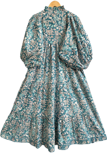 Teal Floral Hand Block Printed Cotton Maxi Dress – Indian Boho Tiered Long Dress