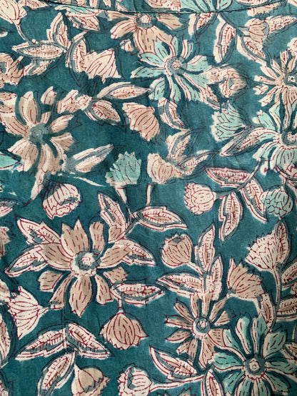 Teal Floral Hand Block Printed Cotton Maxi Dress – Indian Boho Tiered Long Dress