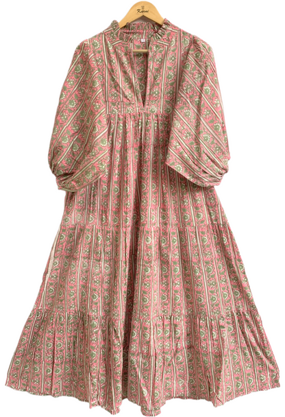 Rose Pink Green Block Print Cotton Maxi Dress – Puff Sleeve Boho Tiered Dress
