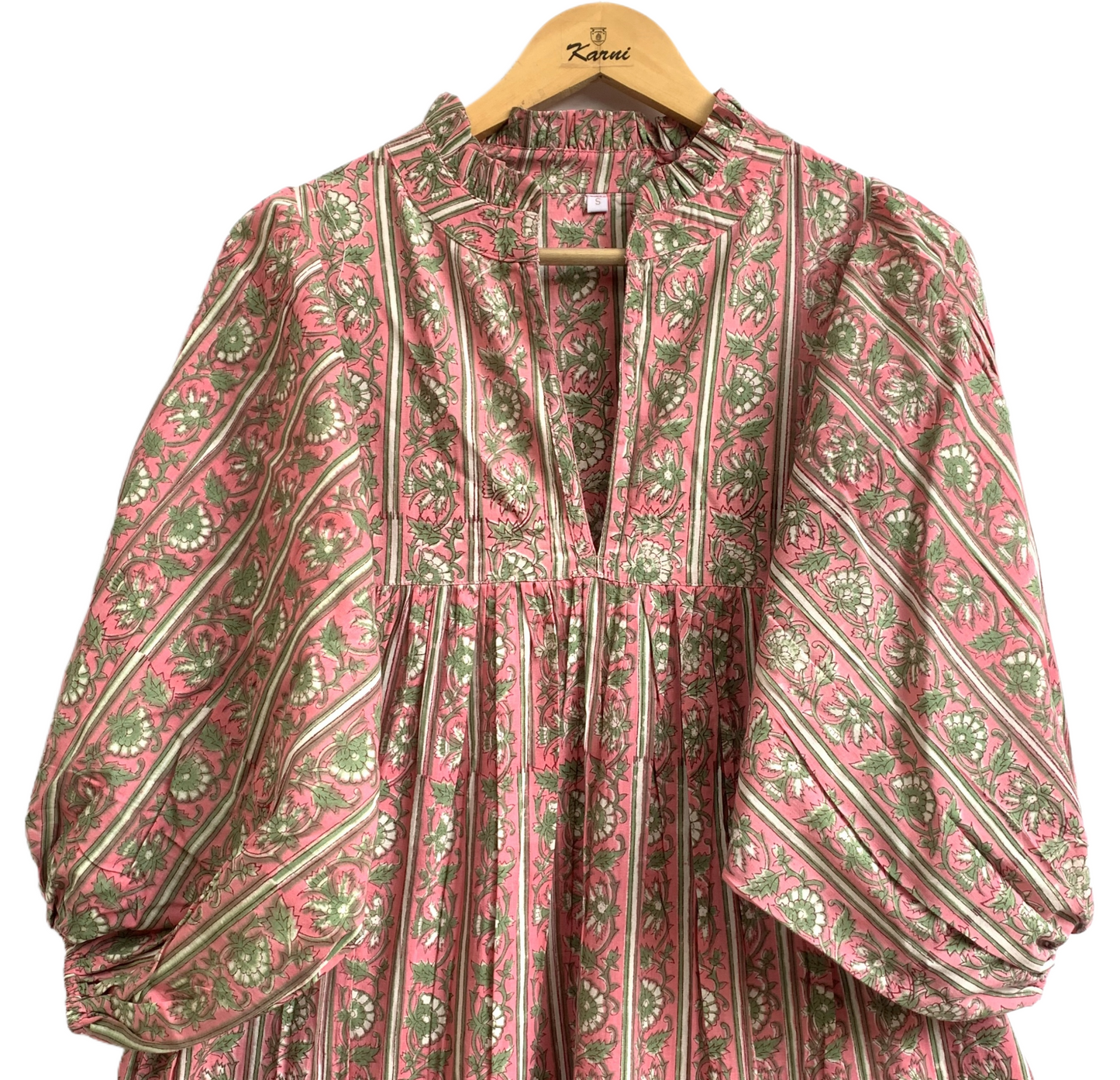 Rose Pink Green Block Print Cotton Maxi Dress – Puff Sleeve Boho Tiered Dress
